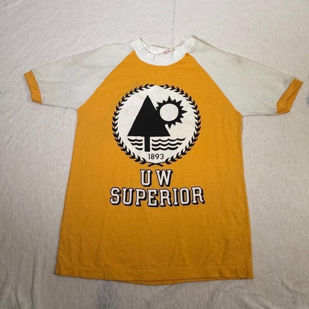 Vintage UW Superior T Shirt USA Made Raglan Yellow White Collegiate L